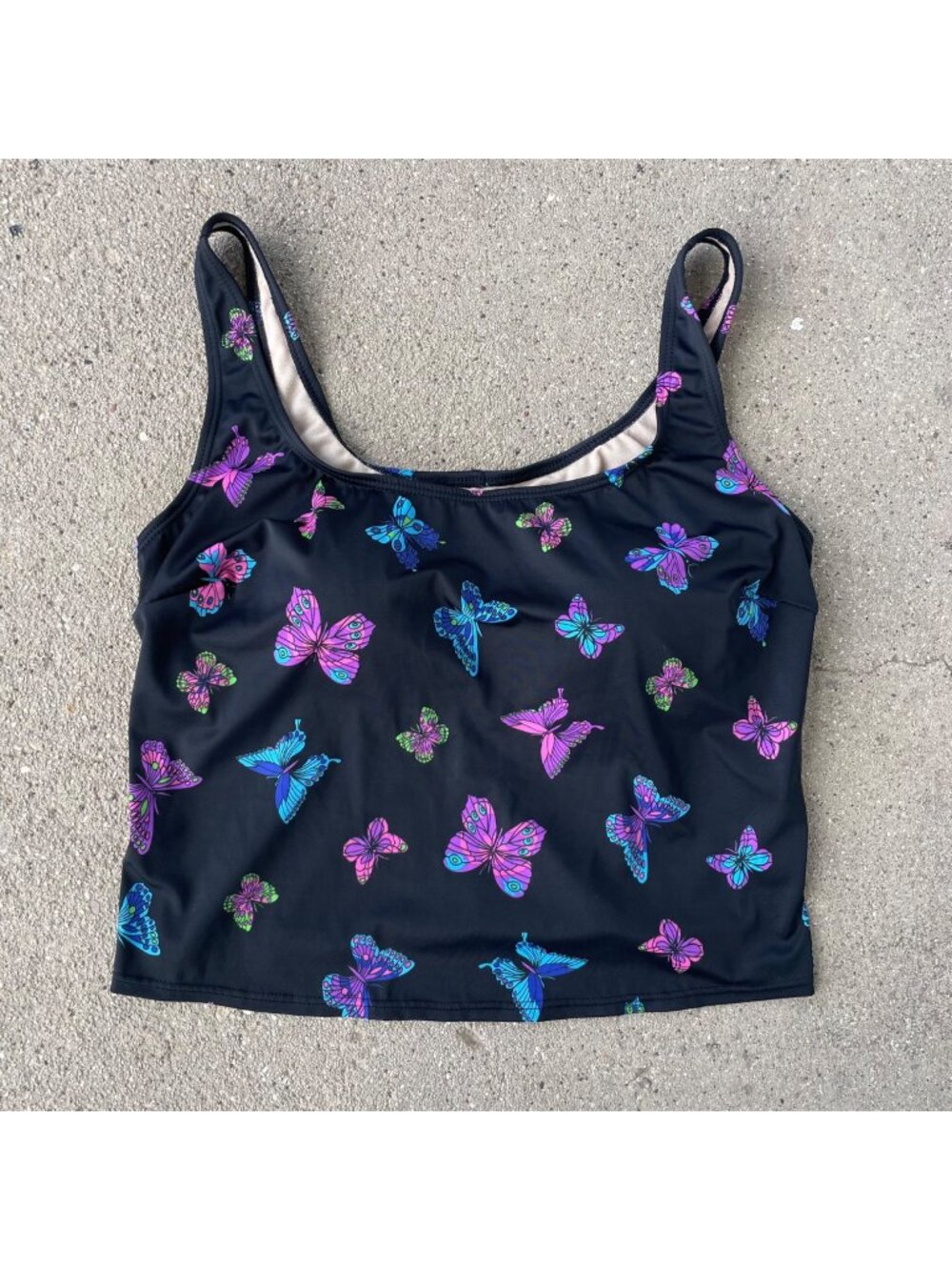 Vintage Y2K 90s Black Butterfly Tankini Tank Top Sz 14 Stretch Whimsigoth fairy
